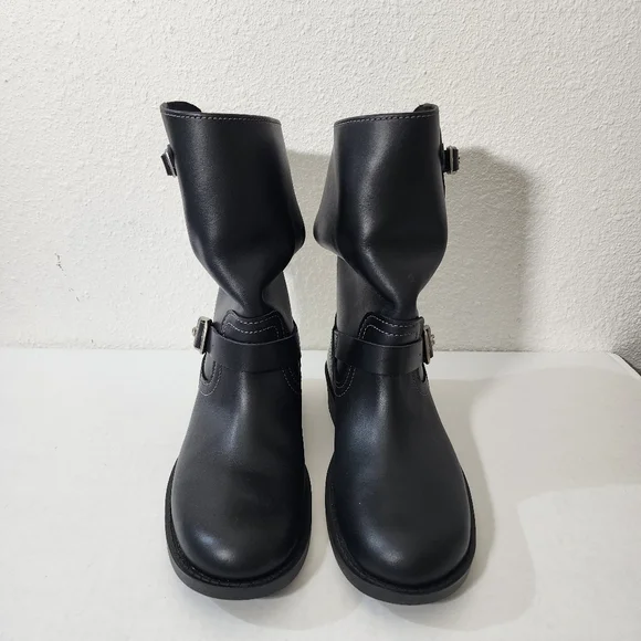 Coach Black Leather Engineer Moto Ankle Boots Buckle Straps Relaxed Slouchy 8 - Picture 2 of 12
